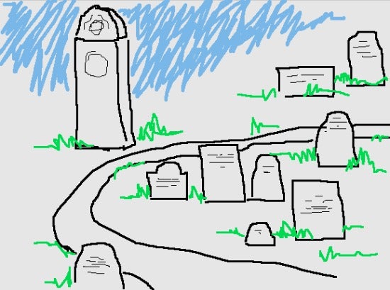 Illustration of a graveyard, one gravestone much larger and phallic looking than the rest